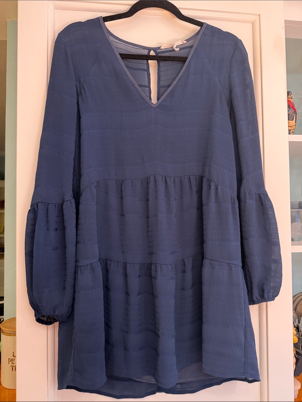 BCBGeneration Navy V-Neck Tiered Long Sleeve Dress